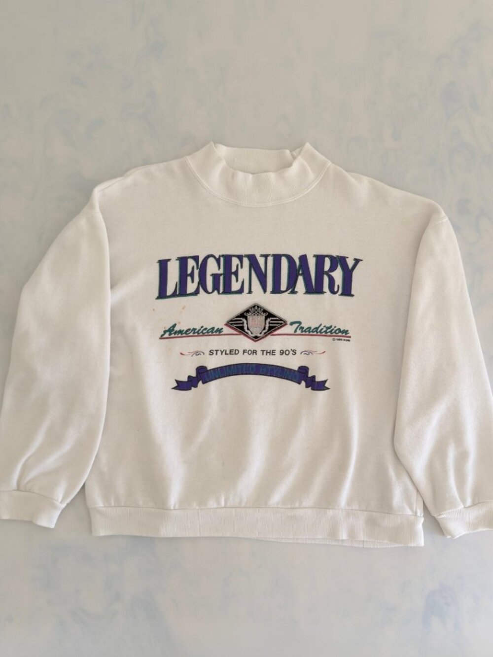 I.O.U. Legendary Vintage 1990 Graphic White Mock Neck Sweater